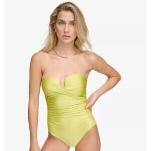 Calvin Klein Women's One Piece Split Neck Ruched Backless Yellow Solid Size 12